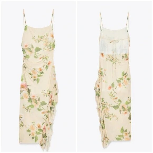 🌺 ZARA Floral Print Ruffled Midi Dress with Side Slit and Open Back - Picture 1 of 16